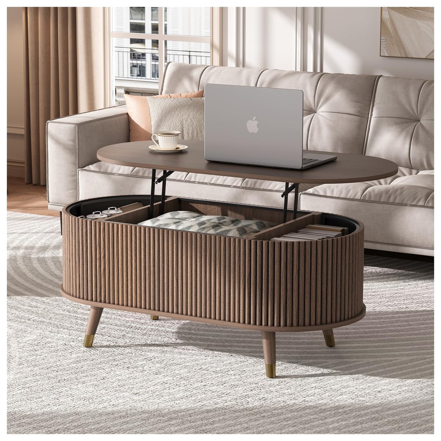 Round Coffee Table with Storage,Mid Century Modern Circle Coffee Table for Living Room,31.5" Small Fluted Center Table with Sliding Door,Home Small Space, Walnut