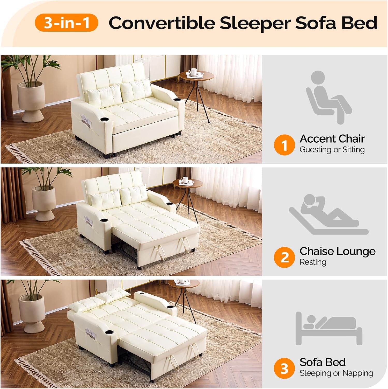 VINGLI Beige Loveseat Sleeper Sofa, Convertible Futon Sofa Bed Faux Leather Pullout Couch Bed with USB Ports, Cup Holders, Armrest for Living Room, Bedroom, Home Office Apartment