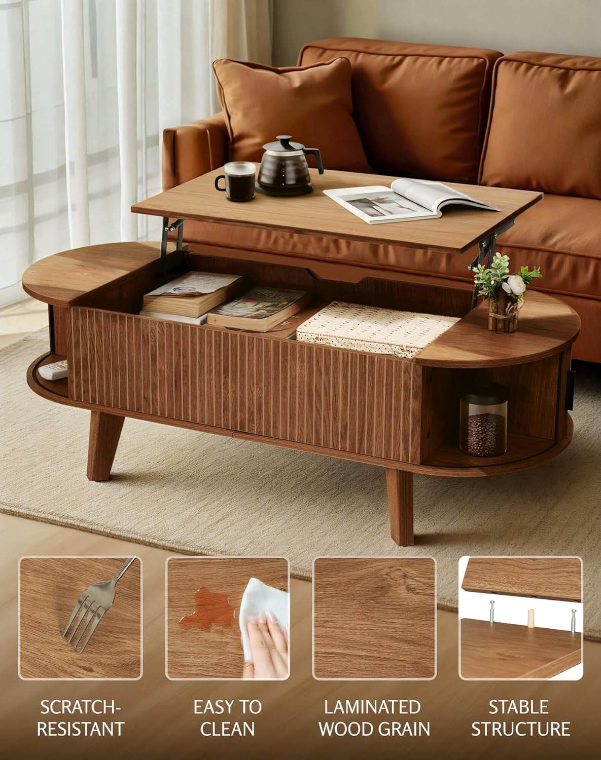 Oval Lift Top Coffee Table with Storage, 47.2" Mid Century Modern Living Room Center Table with 180° Sliding Tambour Door, Wood Fluted Coffee Table for Home Office, Walnut
