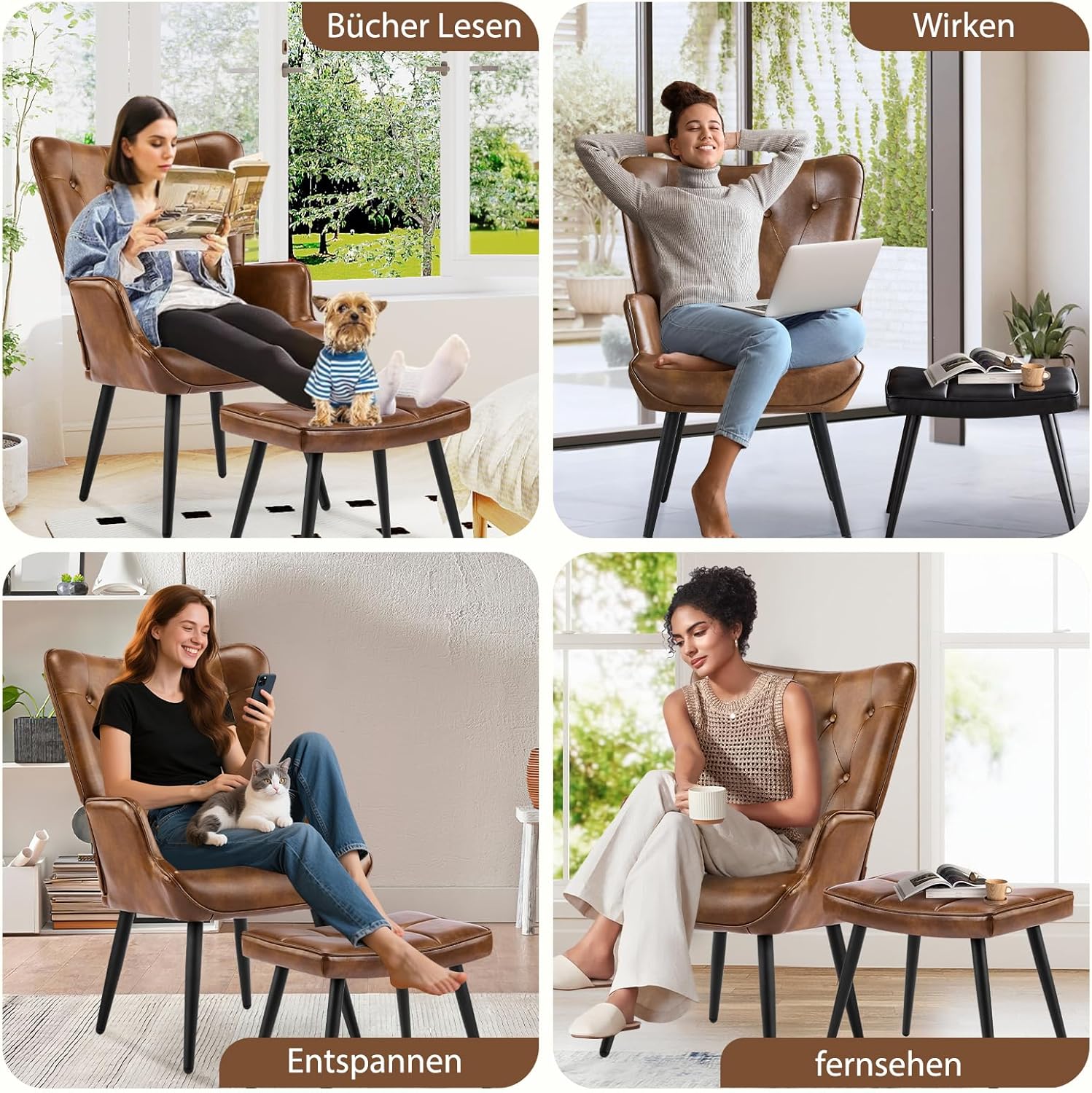 Armchair with Stool, Wing Chair with Stool Made of PU Leather, Armchair, Living Room Recliner Chair with Footrest, Lounge Chair, Upholstered Chair for Living Room, Bedroom, Study, Brown