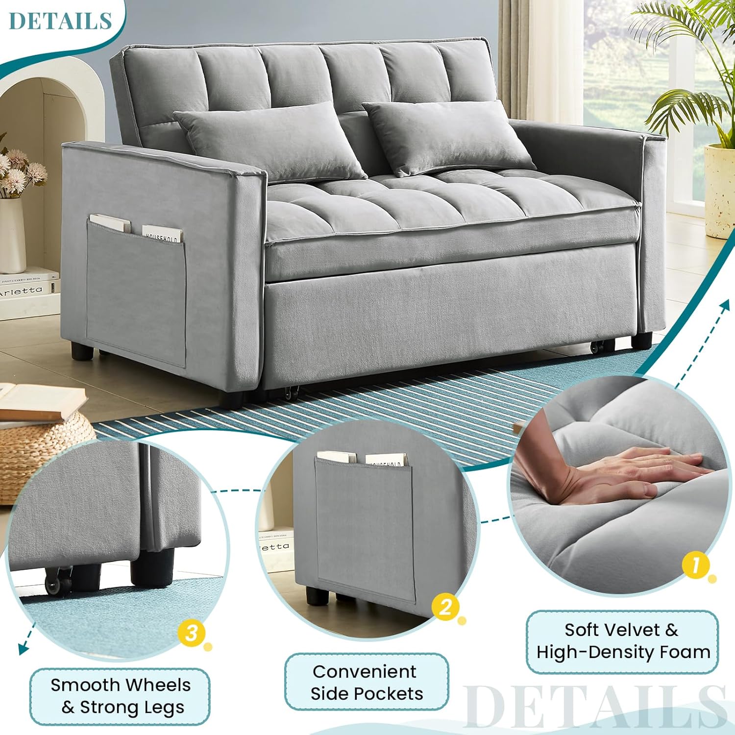 Antetek 3 in 1 Convertible Sleeper Sofa Bed, Modern Velvet Loveseat Futon Couch w/Pullout Bed, Small Love Seat Lounge Sofa w/Reclining Backrest, Toss Pillows, Pockets, Furniture for Living Room, Grey