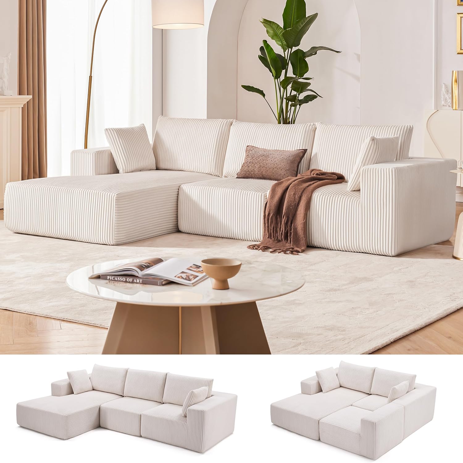 108” Modular Sectional Sofa, Cloud Sectional Couch with Deep Seat, Modern Modular L-Shape Sofa Couch with Chaise,Upholstered Boneless Couches for Living Room Bedroom (Beige, Left Facing Chaise)