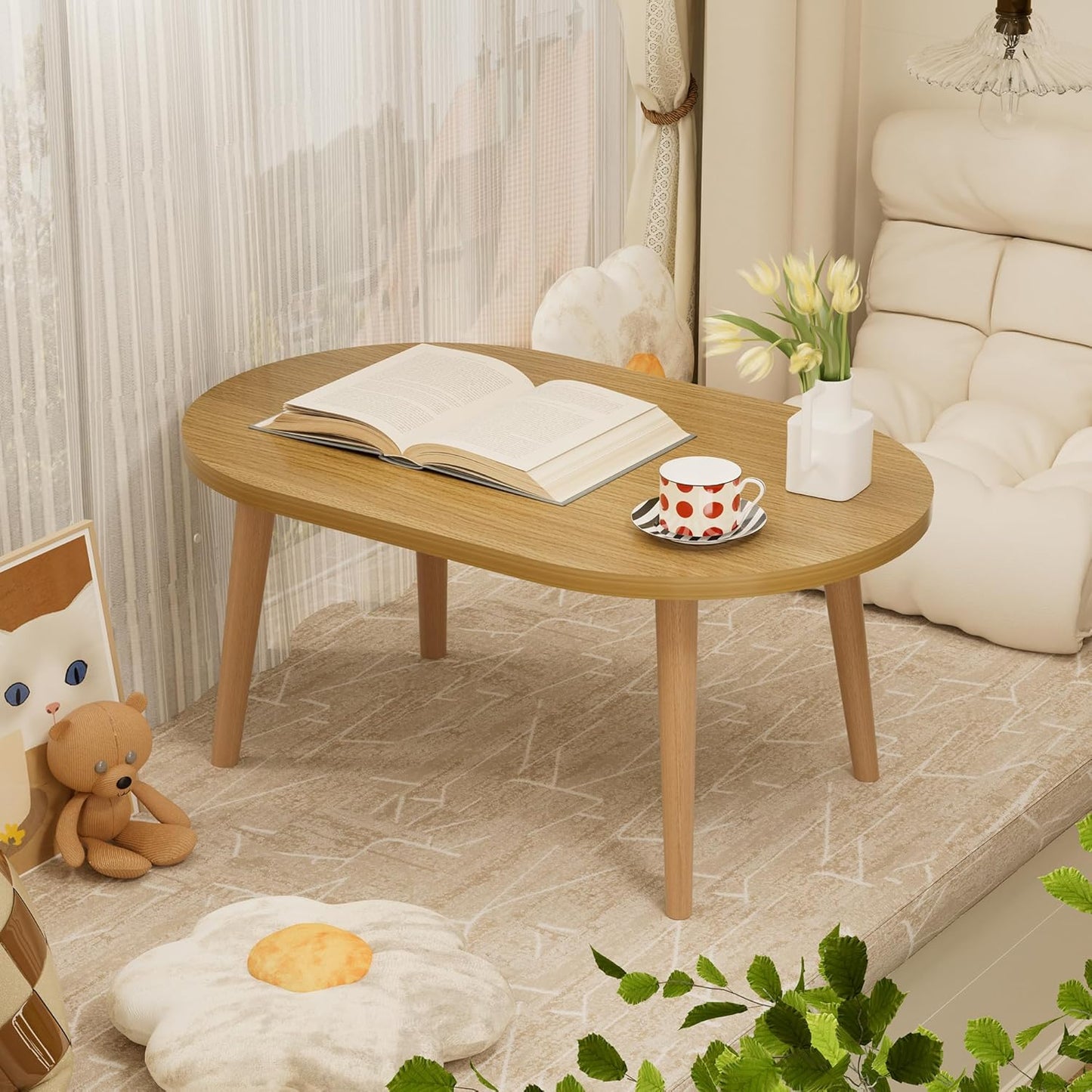 Coffee Table Low Table with Solid Wood Legs, Small Oval Coffee Table Side Table, Floor Table Desk for Sitting on The Floor, Storage and Living Room Furniture for Office Apartment Home, Natural