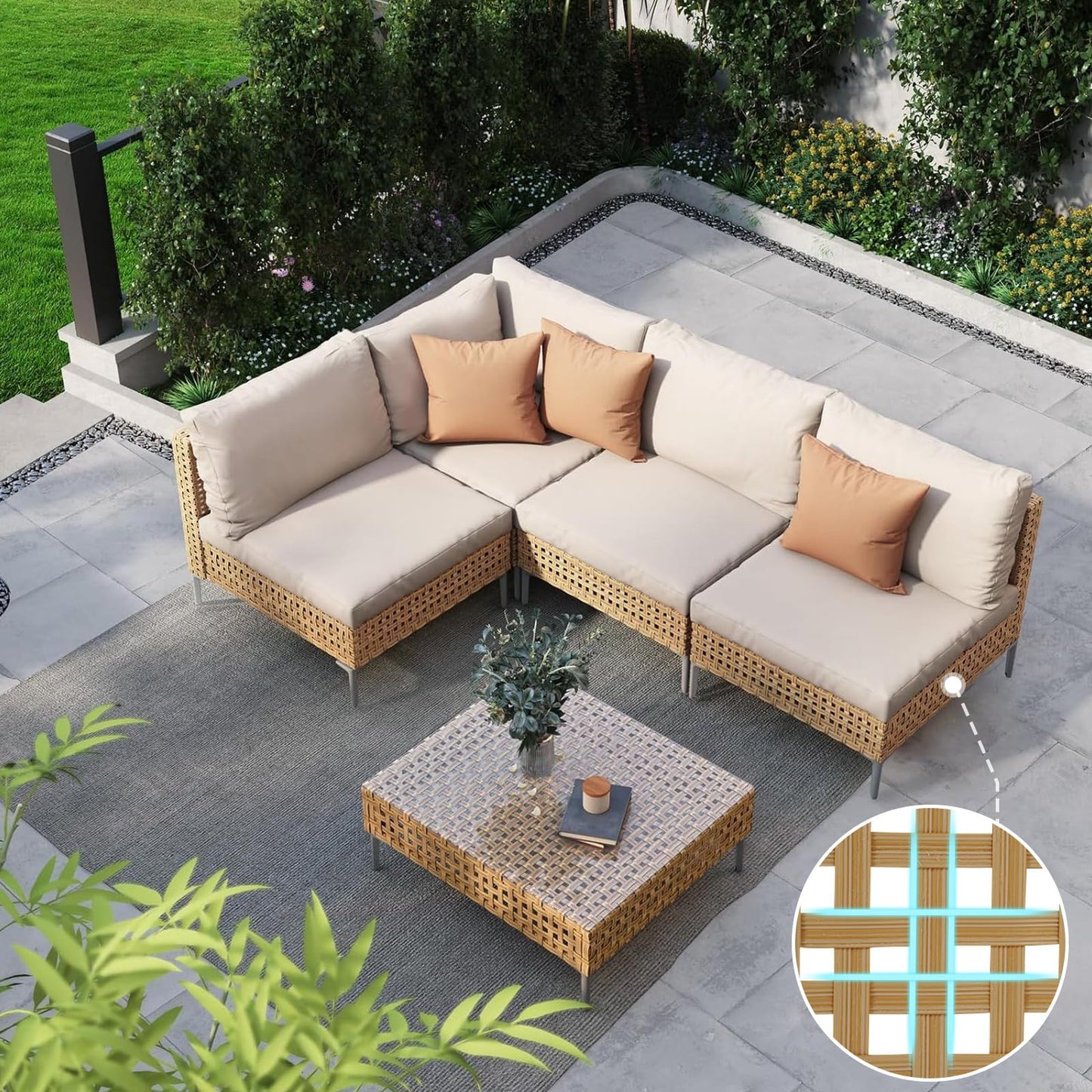 Grand patio 7-Piece Wicker Patio Furniture Set, Boho Outdoor Conversation Set Sectional Sofa with Water Resistant Thick Cushions and Coffee Table, Cream
