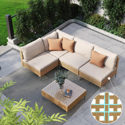 Grand patio 7-Piece Wicker Patio Furniture Set, Boho Outdoor Conversation Set Sectional Sofa with Water Resistant Thick Cushions and Coffee Table, Cream