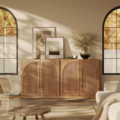 BELLEZE 65 Inch Fluted Buffet Cabinet with Storage, Symmetrical Arc Accent Sideboard Large Console Table for Dining Room, Kitchen, and Living Room (Camel)