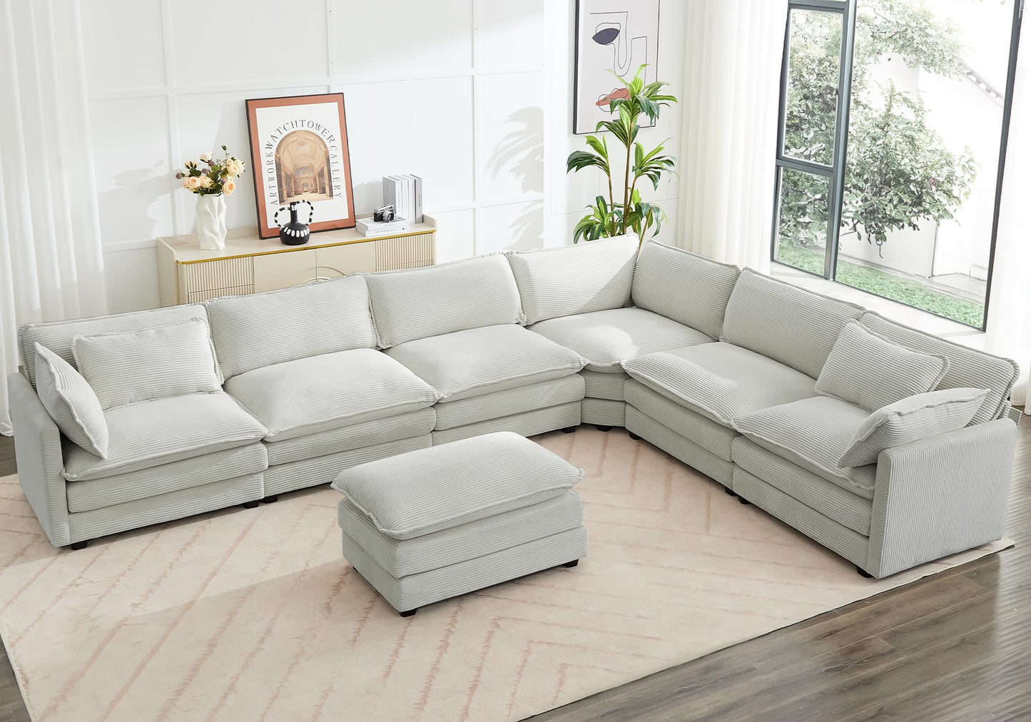 ROWHY Oversized Modular Sectional Sofa with Movable Ottoman, 112 Inch 4 Seat Modern Corduroy Sofa Set, Convertible L Shaped Couch for Living Room and Office, Beige