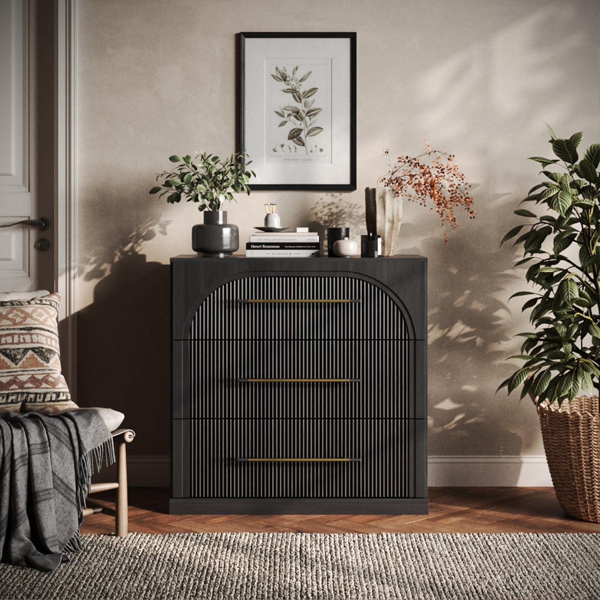 BELLEZE 65 Inch Fluted Buffet Cabinet with Storage, Symmetrical Arc Accent Sideboard Large Console Table for Dining Room, Kitchen, and Living Room (Camel)