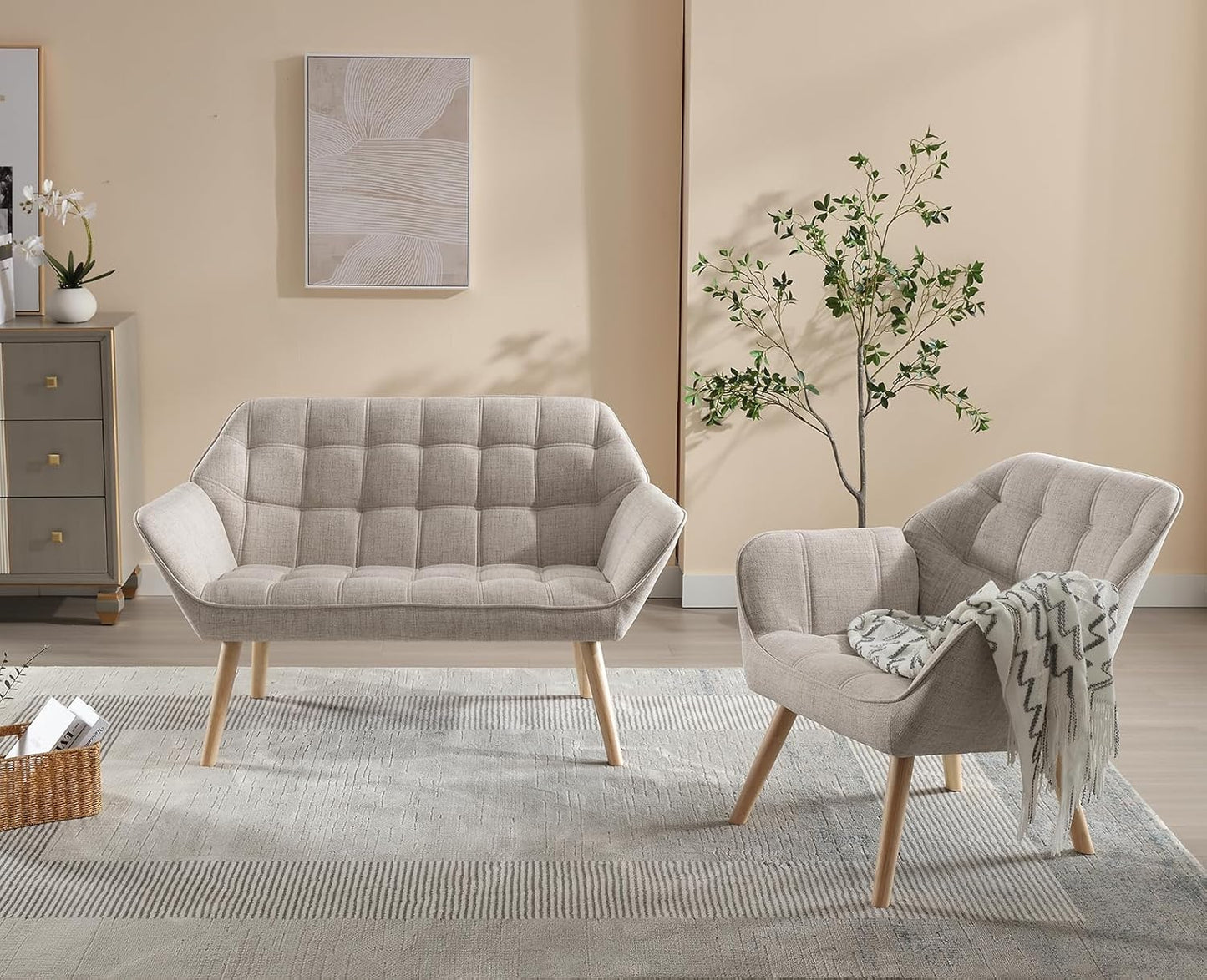 Accent Chair Armchair, Padded Armrest Chair, Reading Chair with Wooden Legs Made of Linen, Reading Chair, Single Sofa, TV Chair for Living Room, Bedroom, Lounges, Beige