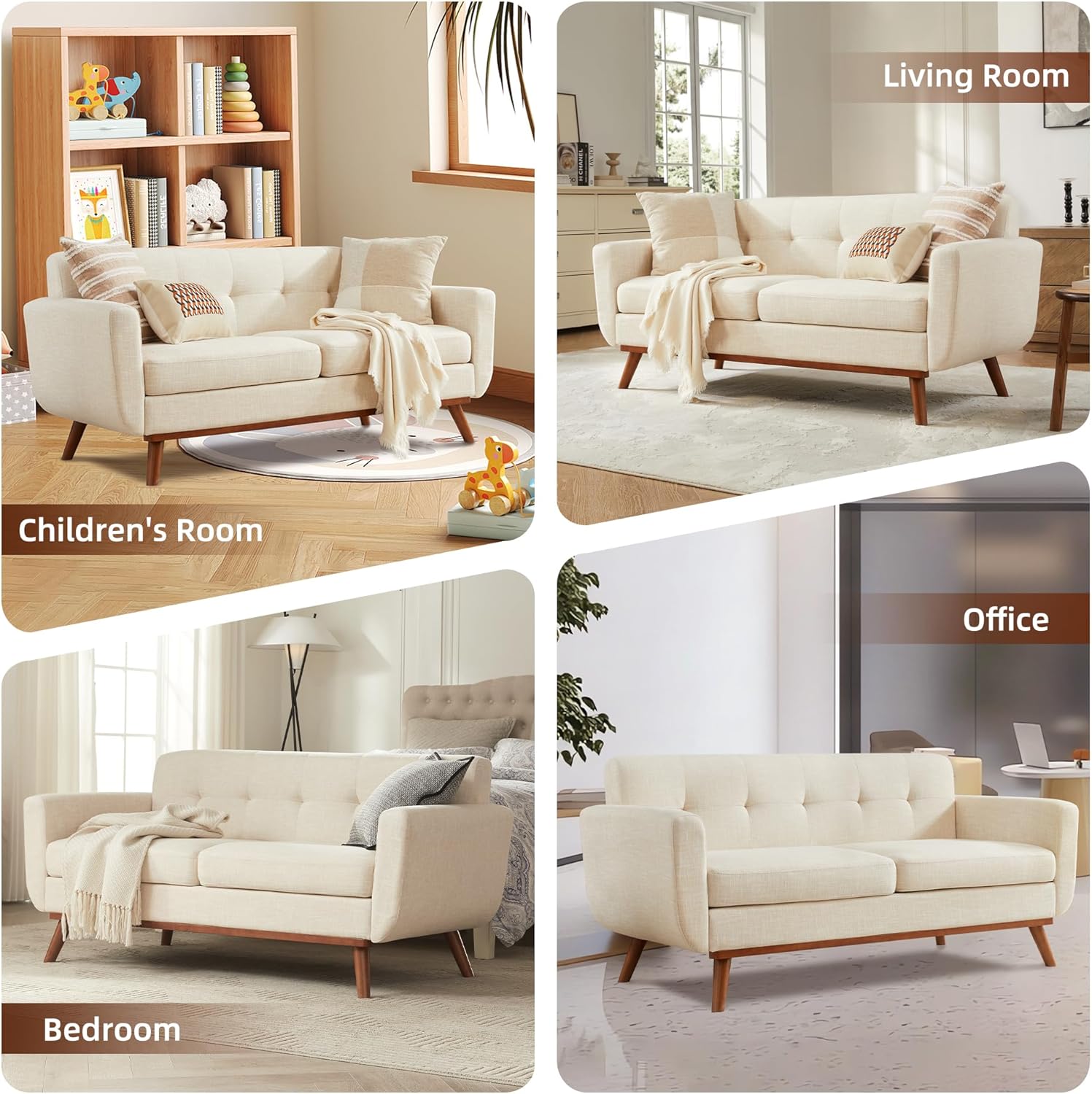 Kingfun 65.2" W Loveseat Sofa, Mid Century Modern Decor Love Seat Couches for Living Room, Button Tufted Upholstered Furniture, Solid & Easy to Install Small Couch for Bedroom Office Apartment, Beige