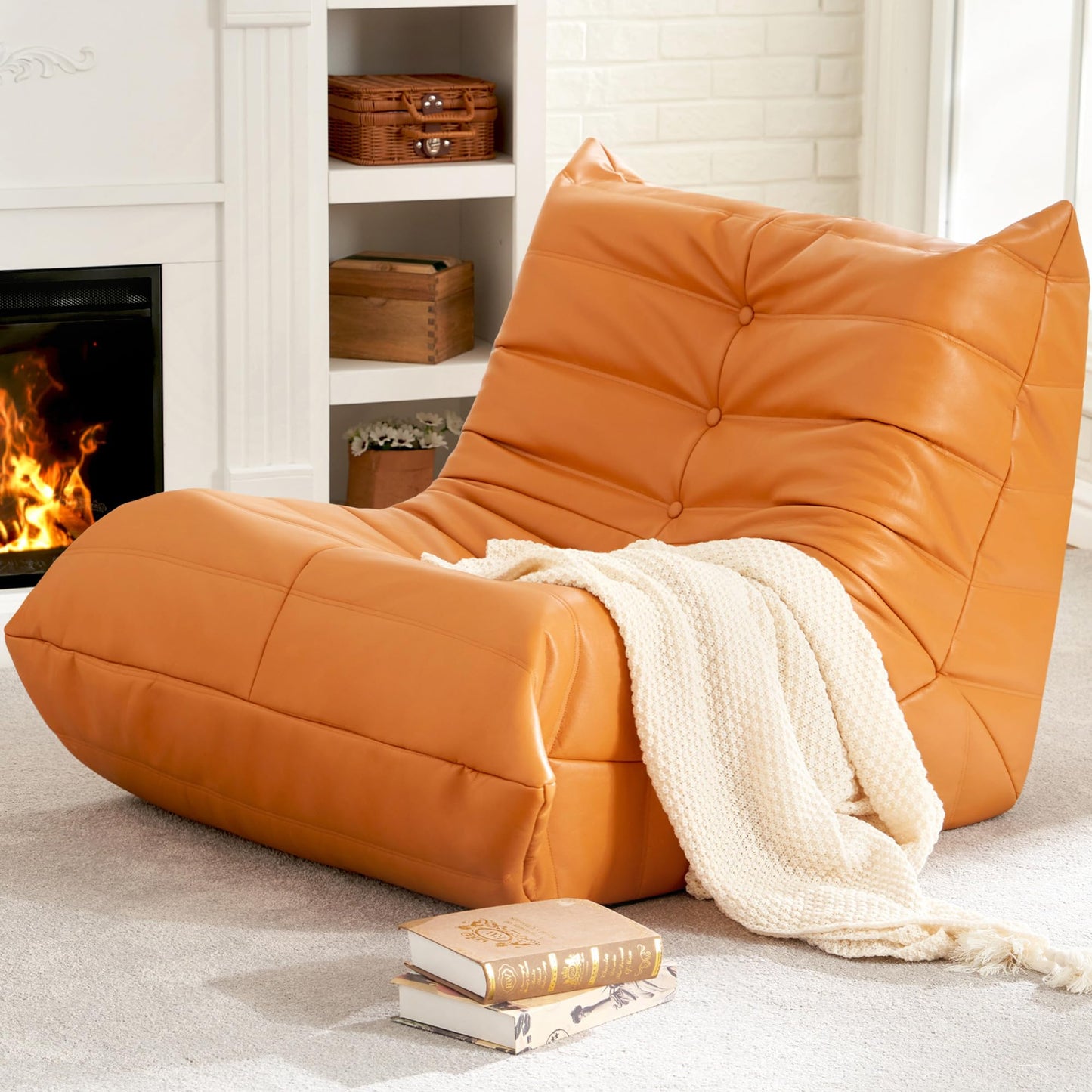 Hobestluk Giant Bean Bag Chair Lazy Floor Sofa, Memory Foam Fireside Sofa for Adults, Big Beanbag Faux Leather Armless Chair for Living Room Bedroom Dorm Office (Brown, Single)