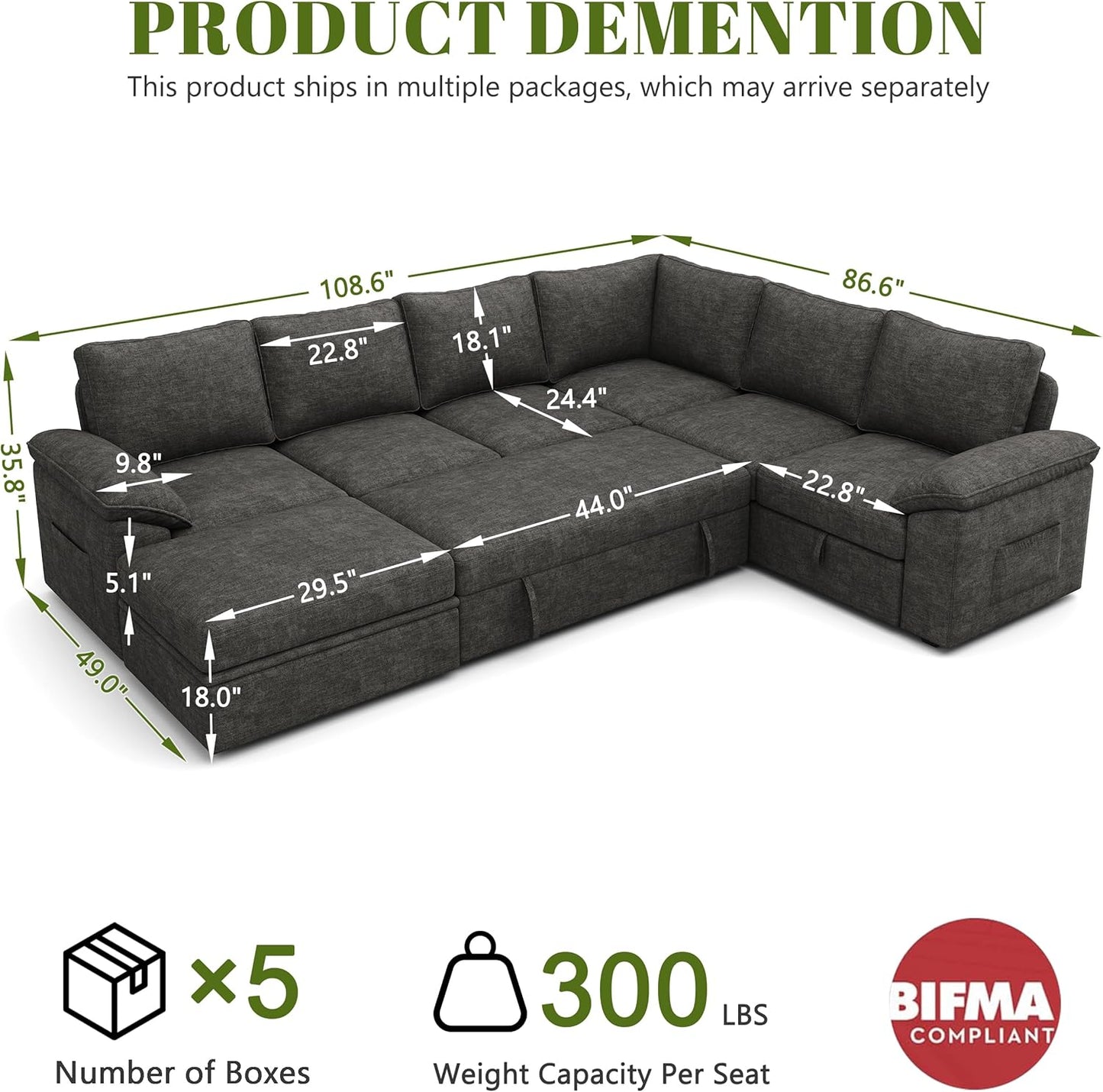 108 Inch Sectional Sleeper Sofa with Pull Out Bed, U Shaped 7 Seat Modular Sectional Sofa with Storage, Sectional Couches for Living Room, Cloud Modular Couch,Removable Sofa Cover, Dark Grey