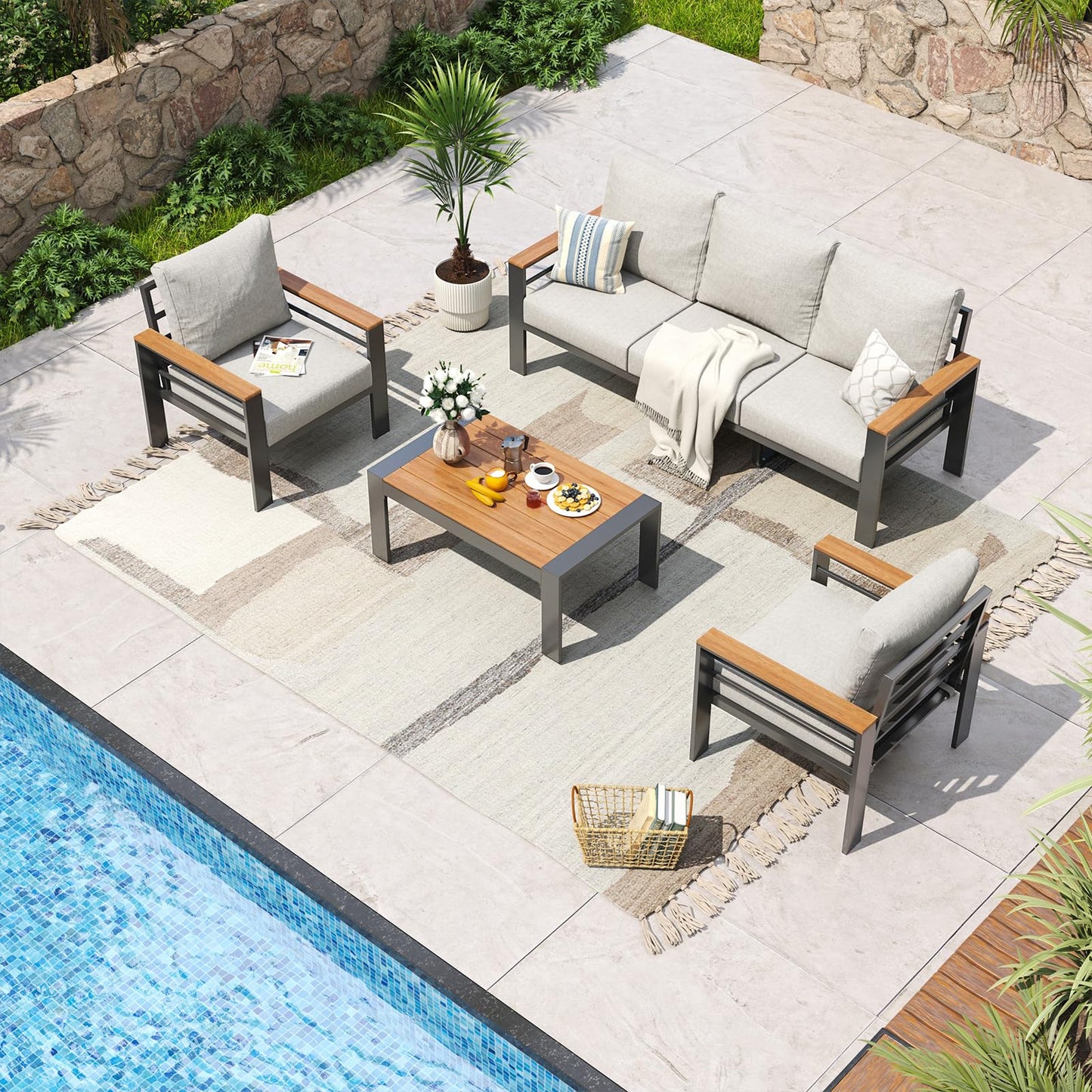 Aoxun Aluminum Patio Furniture Set 7 Seats, Oversized Outdoor Sectional with Washable Thick Cushions, Coffee Table and Waterproof Cover, Patio Conversation Sets for Porch, Balcony, Deck