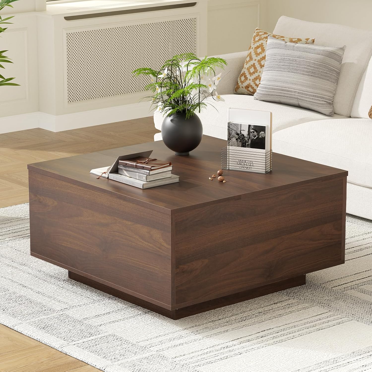 FABATO Lift Top Coffee Table, Wood Square Coffee Table with Storage, Farmhouse Coffee Tables with Hidden Storage Compartment, Center Table with Lifting Tabletop for Living Room, Home Office, Walnut
