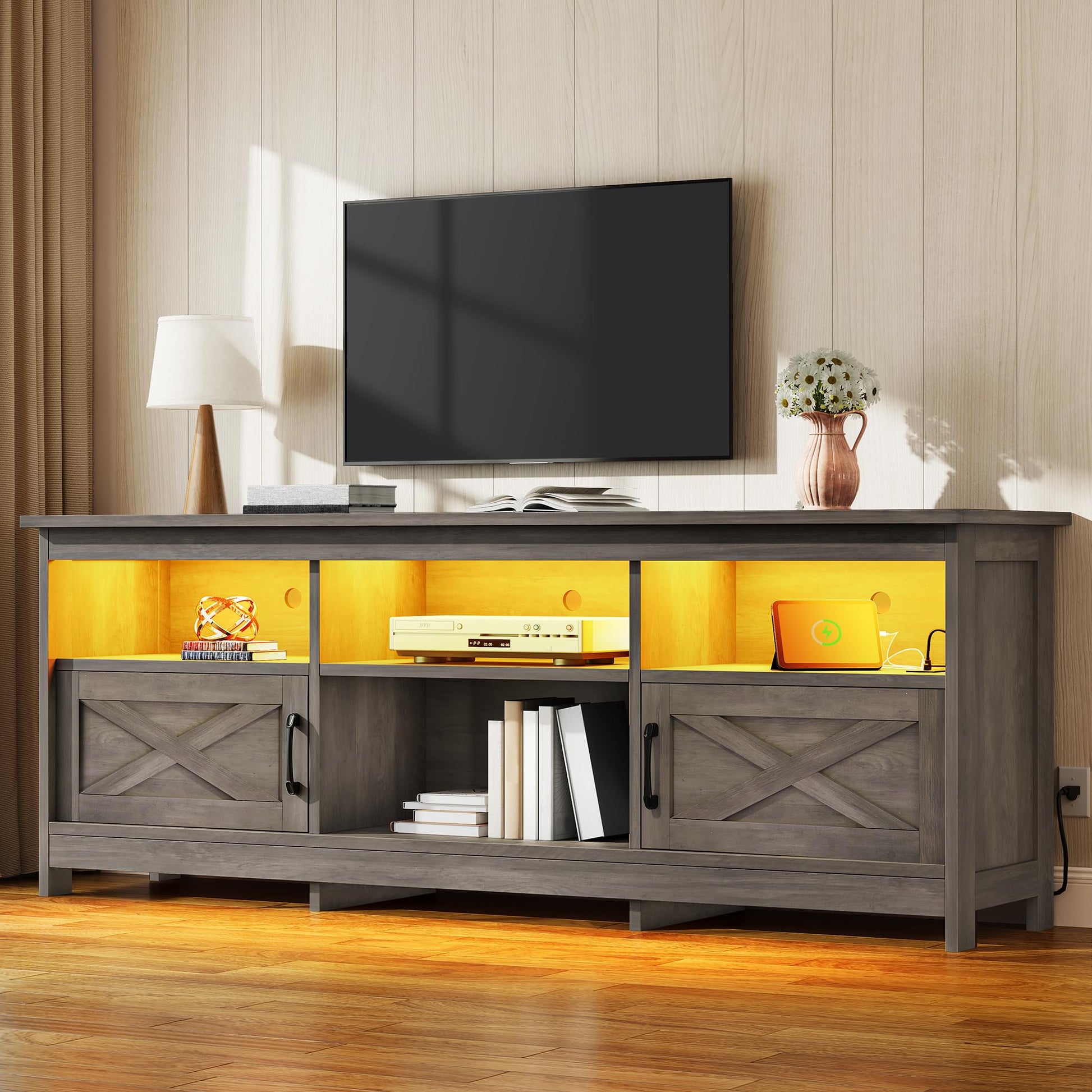 YITAHOME TV Stand for 80/75/70 Inch TVs with LED Lights, Farmhouse Entertainment Center with Storage Cabinets, Open Shelves & Adjustable Shelf for Living Room, Black