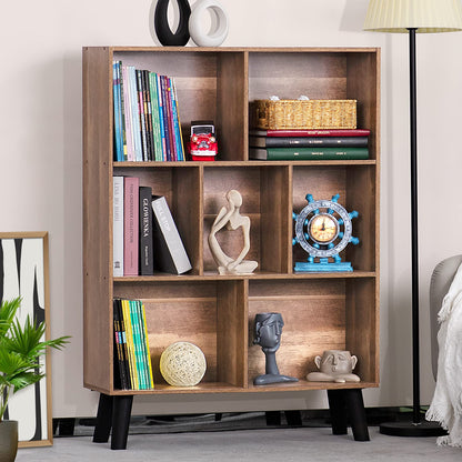 LEYAOYAO Cube Bookshelf 3 Tier Mid-Century Rustic Brown Modern Bookcase with Legs,Retro Wood Bookshelves Storage Organizer Shelf,Freestanding Open Book Shelves for Bedroom,Living Room,Office
