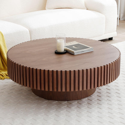 Round Coffee Table with Storage, Modern Wooden Coffee Table with Solid Wood Veneered, Circle Center Table Accent Tea Table for Living Room Apartment Small Space (31.5''L × 31.5''W × 14''H, Natural)