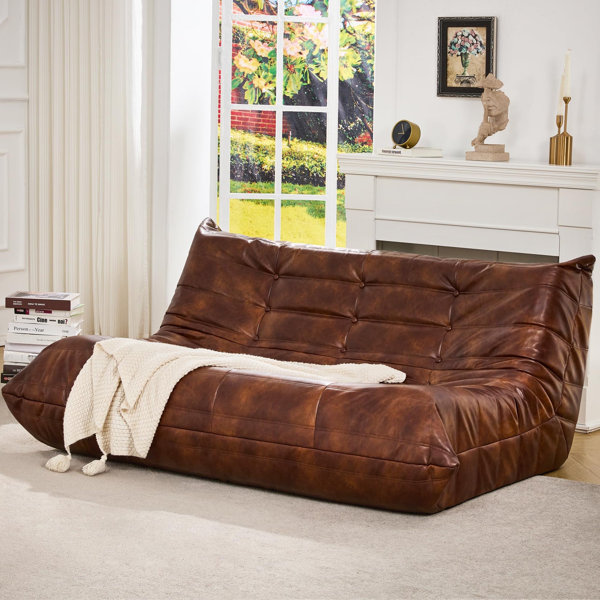 Hobestluk Giant Bean Bag Chair Lazy Floor Sofa, Memory Foam Fireside Sofa for Adults, Big Beanbag Faux Leather Armless Chair for Living Room Bedroom Dorm Office (Brown, Single)