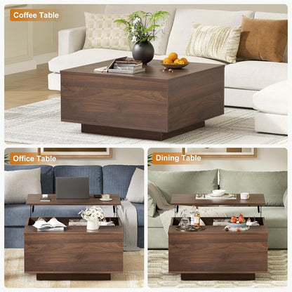 FABATO Lift Top Coffee Table, Wood Square Coffee Table with Storage, Farmhouse Coffee Tables with Hidden Storage Compartment, Center Table with Lifting Tabletop for Living Room, Home Office, Walnut