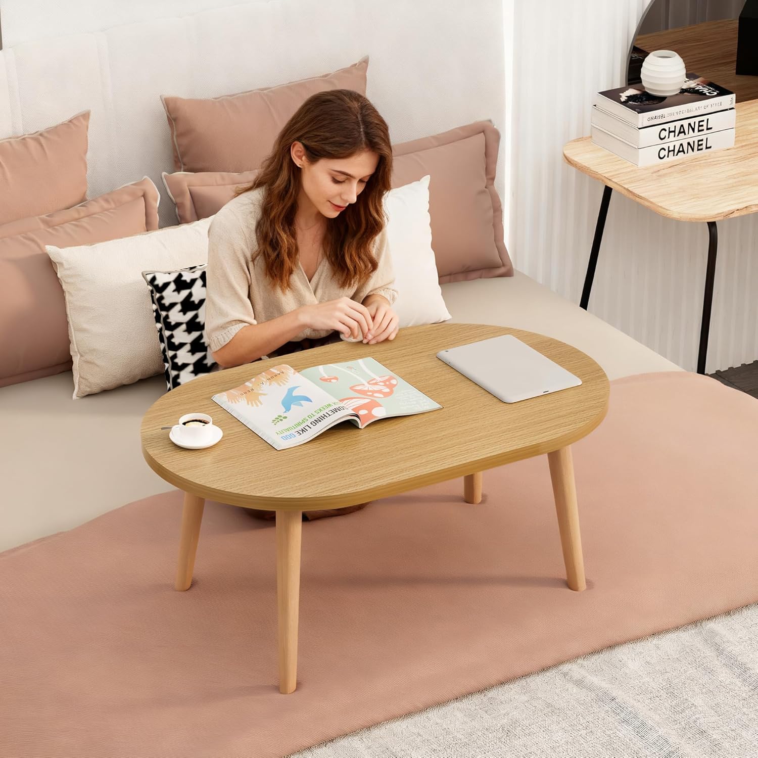 Coffee Table Low Table with Solid Wood Legs, Small Oval Coffee Table Side Table, Floor Table Desk for Sitting on The Floor, Storage and Living Room Furniture for Office Apartment Home, Natural