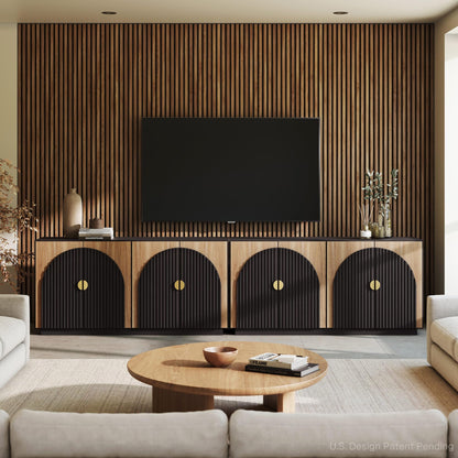 BELLEZE 65 Inch Fluted Buffet Cabinet with Storage, Symmetrical Arc Accent Sideboard Large Console Table for Dining Room, Kitchen, and Living Room (Camel)