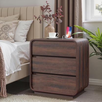 Walnut Curved Nightstand Set of 2, 23.2" Wide Wood Bedside Table with Charging Station, 3 Storage Drawers Night Stand, Large End Table for Bedroom, Living Room, Sofa