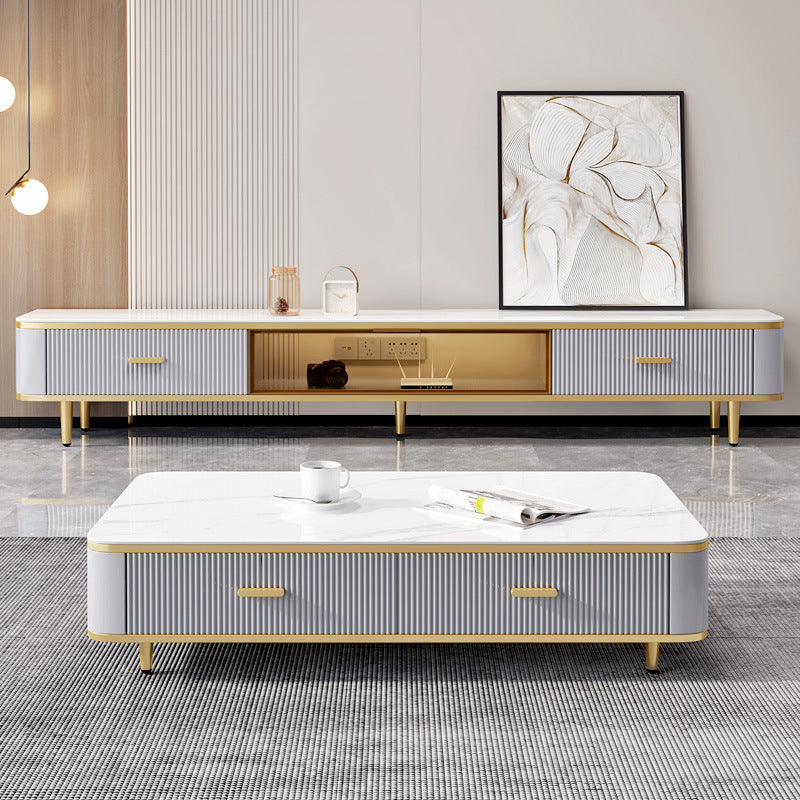 Floating White Large Living Room Furniture Marble Tv Stand and Coffee Table Set with Drawers