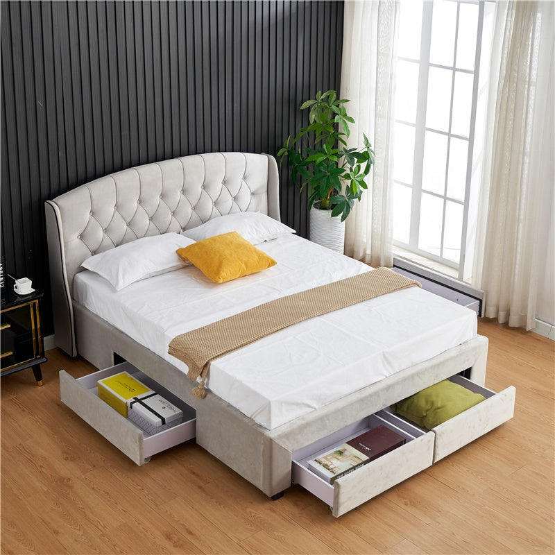 Button Upholstered Double Single Queen King Size Fabric Storage Bed Frame With Storage Drawers