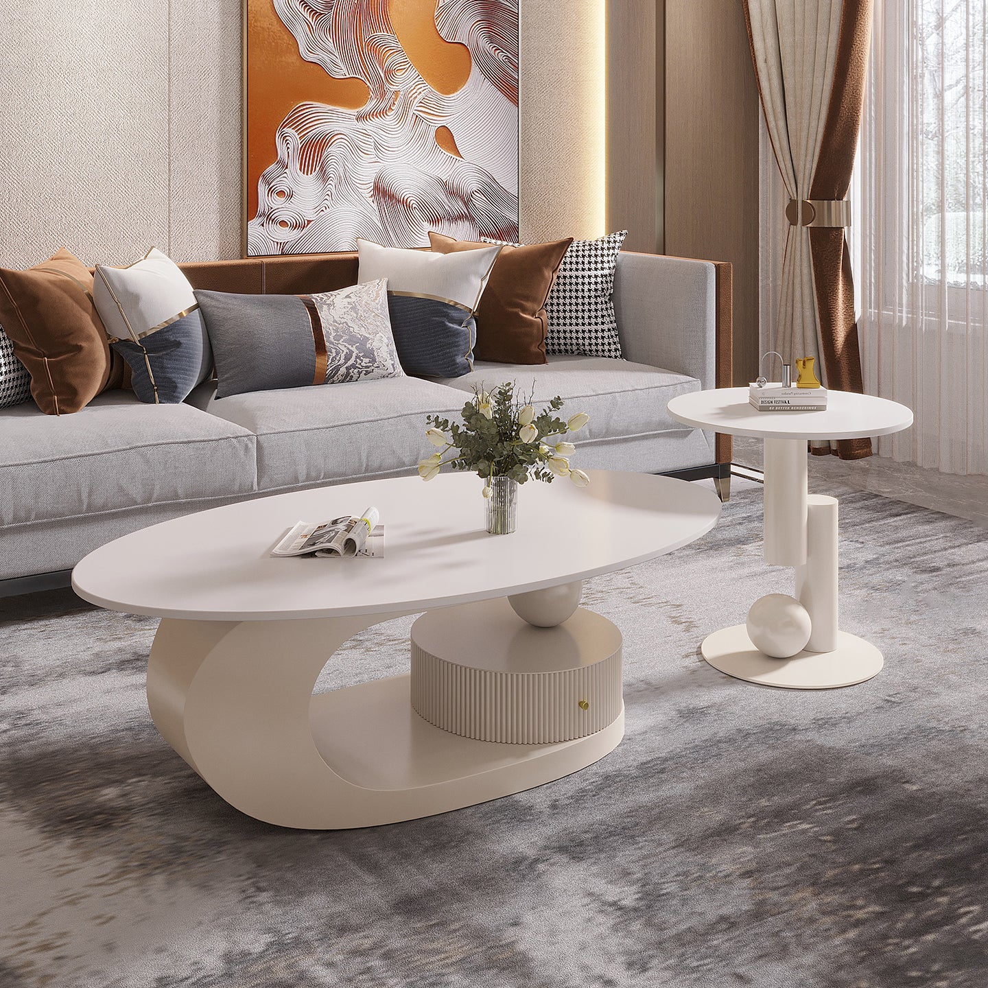 Living Room Tea Table Combination Oval Coffee Table and Side Table Set