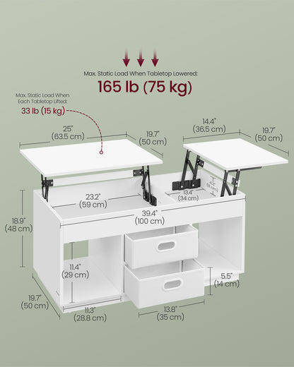 White Lift-top Living Room Table Open Compartments Wooden Height Adjustable Coffee Table