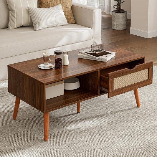 Coffee Table with Storage, Boho Dining Table with Rattan Drawer and Solid Wood Legs, Small Coffee Tables for Living Room, Walnut