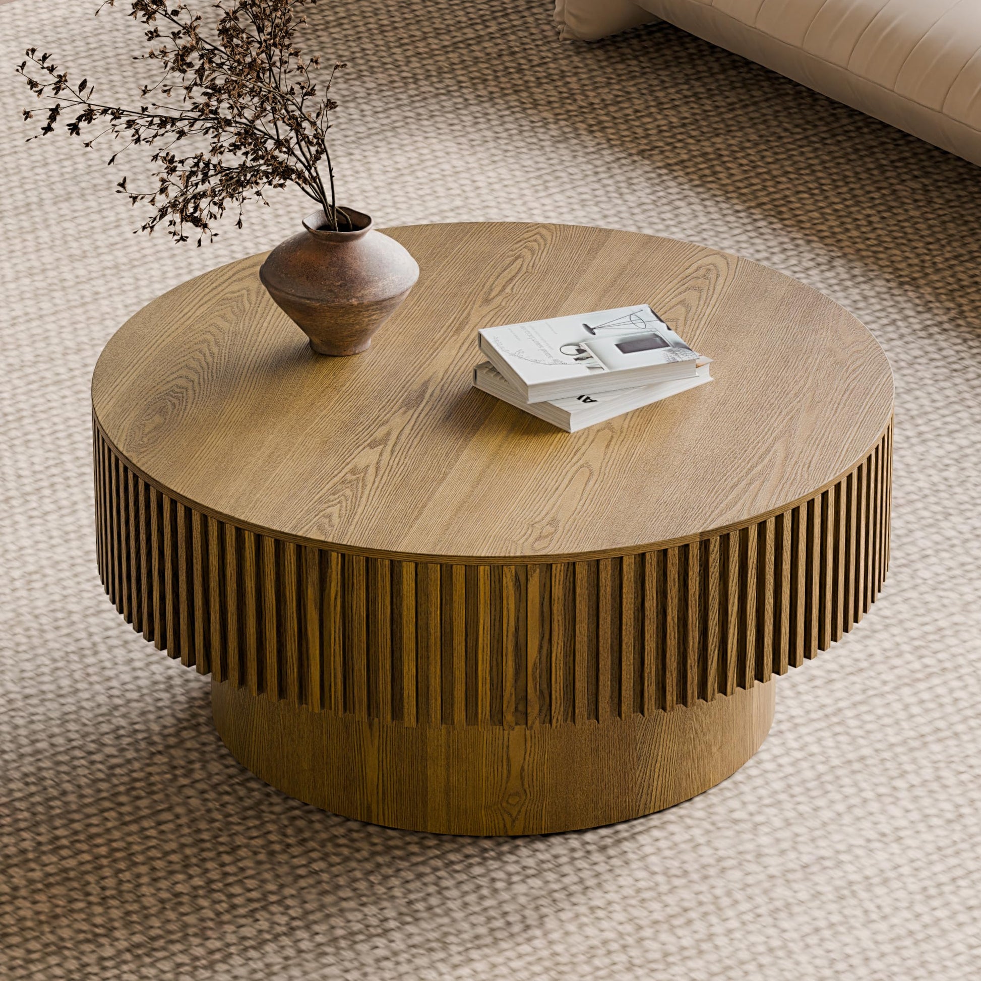 Round Coffee Table with Storage, Modern Wooden Coffee Table with Solid Wood Veneered, Circle Center Table Accent Tea Table for Living Room Apartment Small Space (31.5''L × 31.5''W × 14''H, Natural)