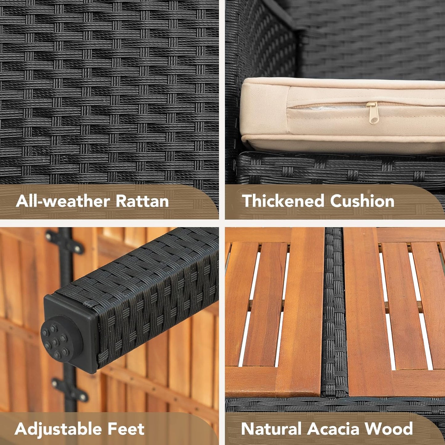 Devoko Dining 7 PCS Furniture, Patio Conversation Set with Acacia Wood Table Top, Outdoor, Beige Cushion and Black Rattan