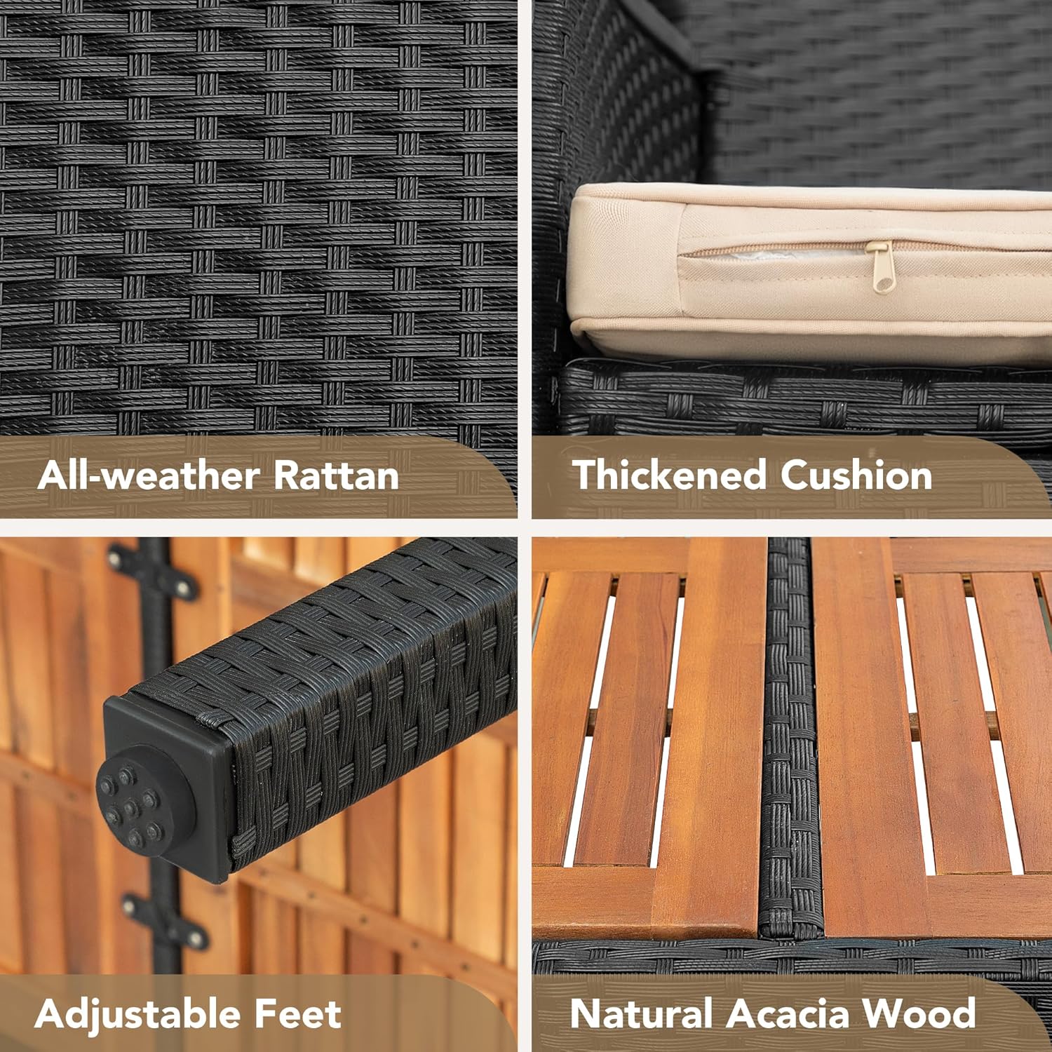 Devoko Dining 7 PCS Furniture, Patio Conversation Set with Acacia Wood Table Top, Outdoor, Beige Cushion and Black Rattan