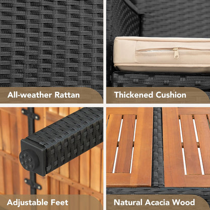 Devoko Dining 7 PCS Furniture, Patio Conversation Set with Acacia Wood Table Top, Outdoor, Beige Cushion and Black Rattan