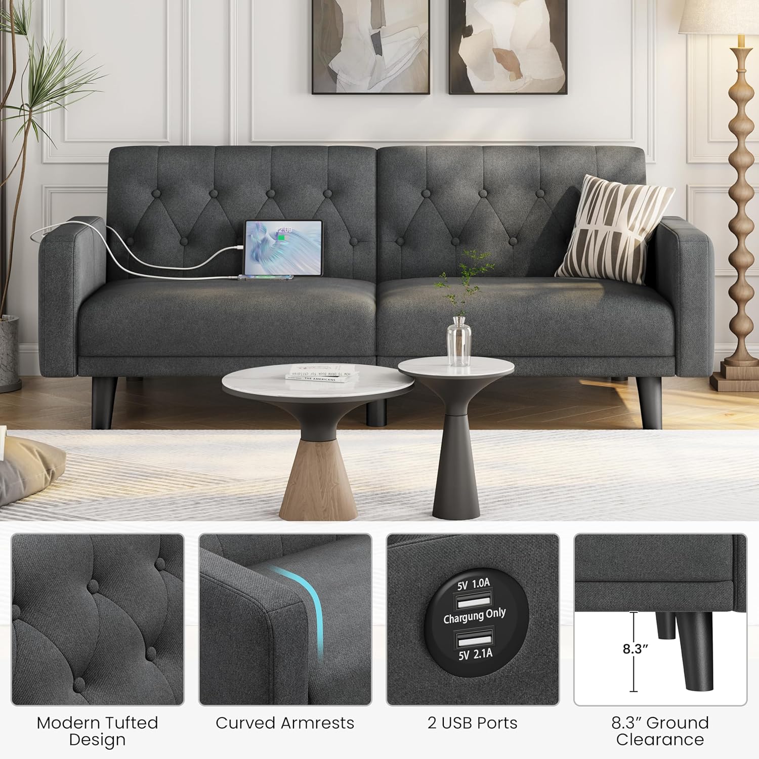 Yaheetech 63" Convertible Couch Small Futon Sofa Bed with 2 USB Ports, Reclining Backrest & Removable Armrests, Mid Century Modern Loveseat for Living Room, Apartment, Office, Dark Gray