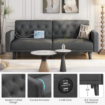 Yaheetech 63" Convertible Couch Small Futon Sofa Bed with 2 USB Ports, Reclining Backrest & Removable Armrests, Mid Century Modern Loveseat for Living Room, Apartment, Office, Dark Gray