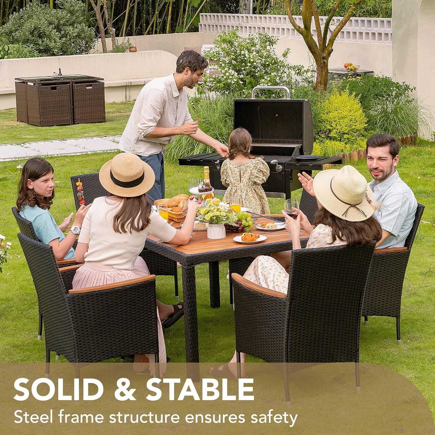 Devoko Dining 7 PCS Furniture, Patio Conversation Set with Acacia Wood Table Top, Outdoor, Beige Cushion and Black Rattan