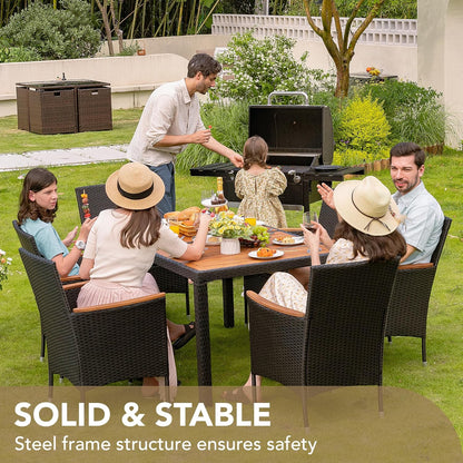 Devoko Dining 7 PCS Furniture, Patio Conversation Set with Acacia Wood Table Top, Outdoor, Beige Cushion and Black Rattan