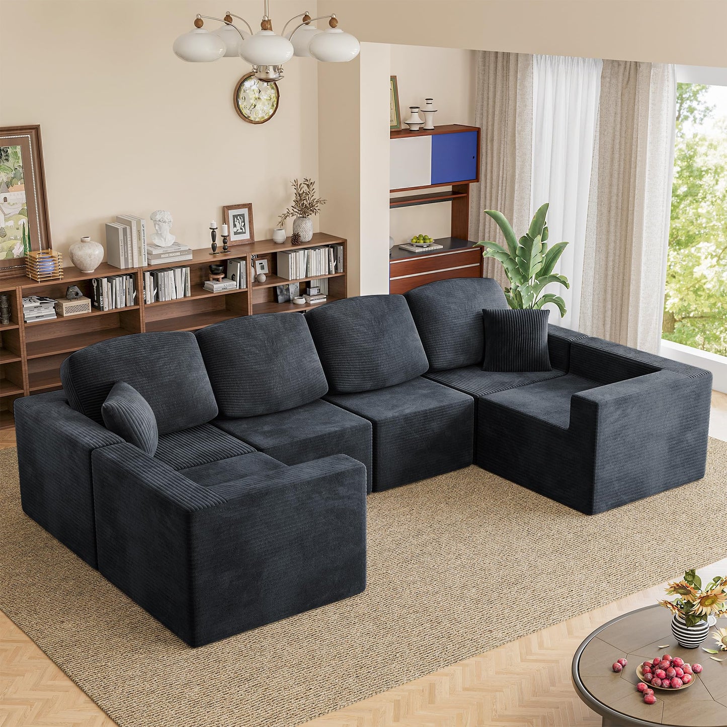 Homall 126" Modern Fabric Boneless Couch with Deep Seat, Sectional Couches for Living Room, Upholstered Cloud Sofa with 2 Ottoman, No Assembly Required (Dark Grey, U Shaped Sofa)