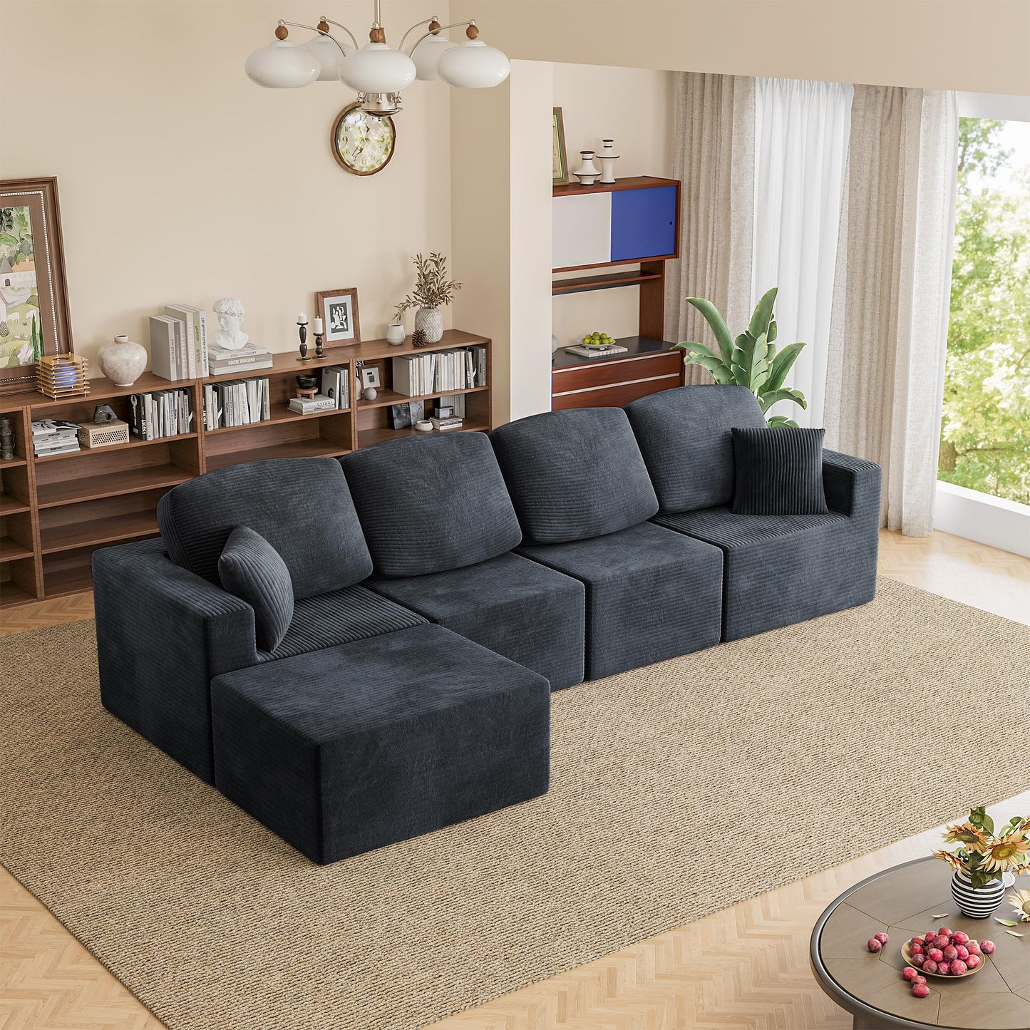 Homall 126" Modern Fabric Boneless Couch with Deep Seat, Sectional Couches for Living Room, Upholstered Cloud Sofa with 2 Ottoman, No Assembly Required (Dark Grey, U Shaped Sofa)