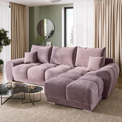BROMARKT Corner Sofa with Sleep Function and Bed Box Sofa L Shape Couch 294 x 184 cm 5-Seater Living Room Corner Sofa Bed Living Landscape Nubes Dusky Pink