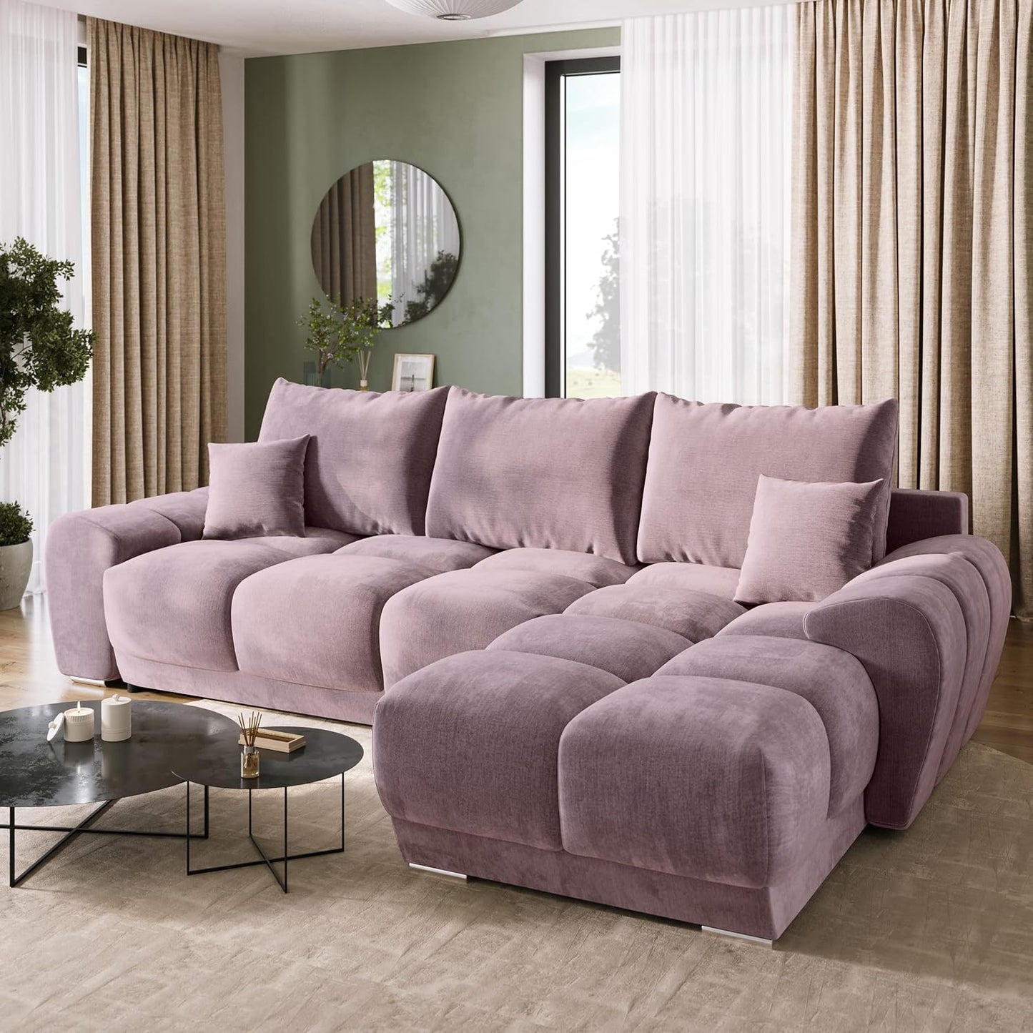 BROMARKT Corner Sofa with Sleep Function and Bed Box Sofa L Shape Couch 294 x 184 cm 5-Seater Living Room Corner Sofa Bed Living Landscape Nubes Dusky Pink