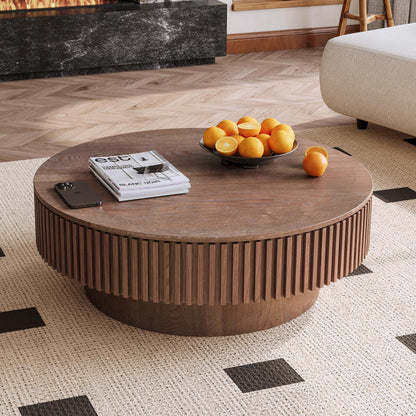 Round Coffee Table with Storage, Modern Wooden Coffee Table with Solid Wood Veneered, Circle Center Table Accent Tea Table for Living Room Apartment Small Space (31.5''L × 31.5''W × 14''H, Natural)