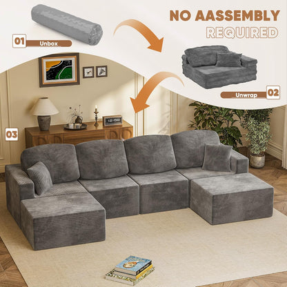 Homall 126" Modern Fabric Boneless Couch with Deep Seat, Sectional Couches for Living Room, Upholstered Cloud Sofa with 2 Ottoman, No Assembly Required (Dark Grey, U Shaped Sofa)