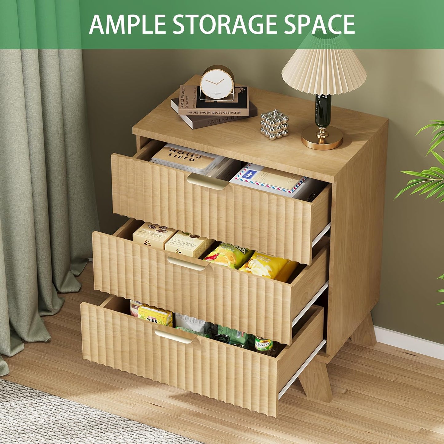 Fluted Nightstand, 24" Wide Side Table with 3 Large Storage Drawers, Mid Century Modern Wood Night Stand with Metal Handle, Wooden Bedside End Table for Bedroom, Living Room, Closet, Natural Oak