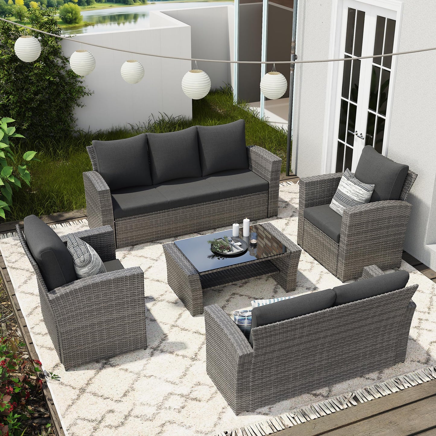 Wisteria Lane 4 Piece Patio Furniture Set, Wicker Outdoor Patio Conversation Furniture Set, All Weather Outdoor Patio Sofa with Cushion and Glass Table, Brown