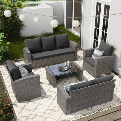 Wisteria Lane 4 Piece Patio Furniture Set, Wicker Outdoor Patio Conversation Furniture Set, All Weather Outdoor Patio Sofa with Cushion and Glass Table, Brown