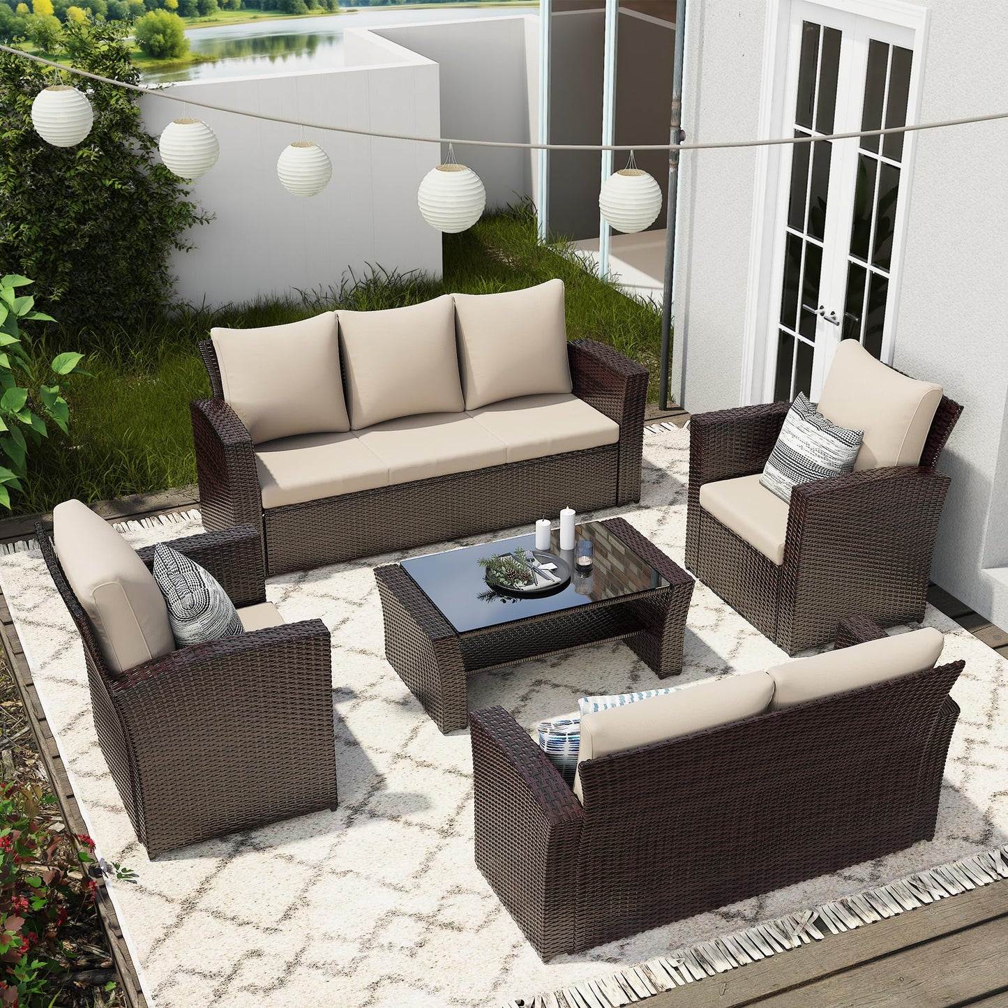 Wisteria Lane 4 Piece Patio Furniture Set, Wicker Outdoor Patio Conversation Furniture Set, All Weather Outdoor Patio Sofa with Cushion and Glass Table, Brown