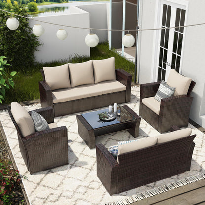 Wisteria Lane 4 Piece Patio Furniture Set, Wicker Outdoor Patio Conversation Furniture Set, All Weather Outdoor Patio Sofa with Cushion and Glass Table, Brown